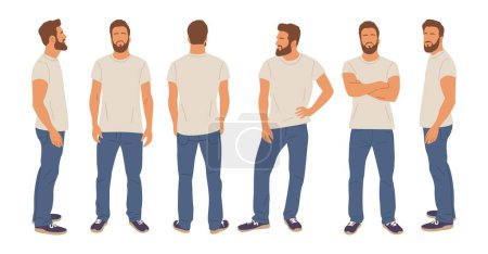 Vektor für Lässige Männerfigur in verschiedenen Posen vorne, hinten, von der Seite. Schöner bärtiger Typ in weißem T-Shirt, blauer Jeans, Turnschuhen. Vektor realistische Illustrationen isoliert auf weißem Hintergrund - Lizenzfreies Bild