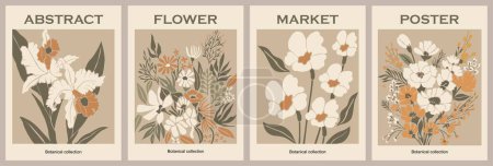 Illustration for Set of abstract Flower Market posters. Trendy botanical wall arts with floral design in sage green colors. Modern naive groovy funky interior decorations, paintings. Vector art illustration. - Royalty Free Image