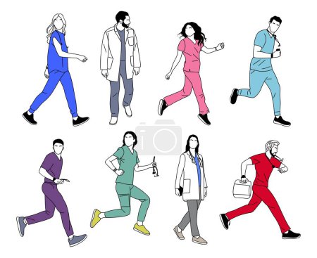 Set of Doctors, nurses, paramedics in medical uniform scrubs and gowns running, walking in a hurry to save lives. Different hospital workers with stethoscopes. Vector outline hand drawn illustrations.