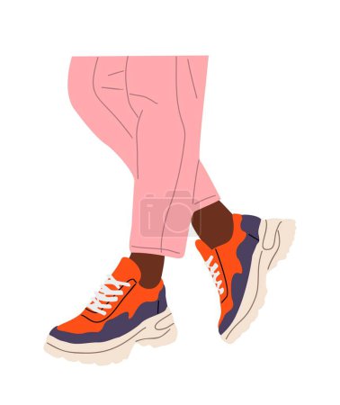 Black female legs wearing fashionable sneakers. Cool bright sport footwear, stylish modern urban shoe. Hand drawn vector colorful flat illustration isolated on white background.