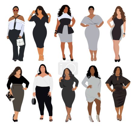 Set of different curvy business women wearing fashionable office outfits, formal suit, dress, high heels. Pretty plus size girls different races. Lady boss characters vector illustrations isolated.