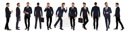 Illustration for Set of Businessman character in different poses. Handsome bearded man in formal suit running, standing, walking, using phone, tablet, front, side, rear, back view. Vector illustrations isolated. - Royalty Free Image
