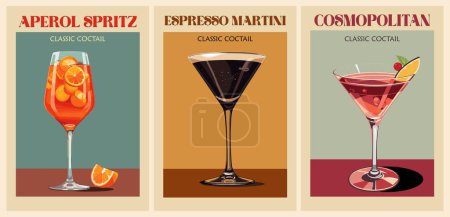 Cocktails Retro Poster Set vorhanden. Aperol Spritz, Espresso Martini, Cosmopolitan. Sammlung beliebter alkoholischer Getränke. Flache Vektor-Illustrationen für Bar, Pub, Restaurant, Küchenwand.