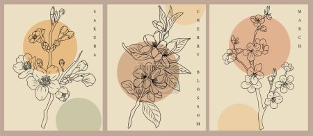 Set of Boho aesthetic botanical wall arts with Cherry Blossom, March Birth flowers. Sakura branch Retro posters for Scandinavian, Japandi interior in neutral beige colors. Vector line art drawing.