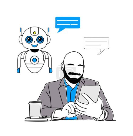 Business man using digital tablet for chatting with chat bot robot, asking questions, receiving answers. AI assistant support. Flat outline hand drawn vector illustration isolated on white background.