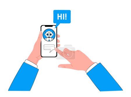 Hands holding smart phone, using mobile app for chatting with chat bot, asking questions, receiving answers. AI assistant support. Outline hand drawn vector illustration isolated on white background.