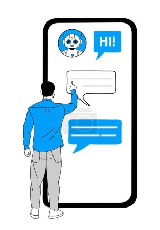 Business man standing rear view, using smart phone for chatting with chat bot, asking questions, receiving answers. AI assistant support. Hand drawn vector illustration isolated on white background.