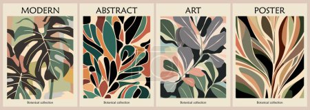 Illustration for Set of retro-inspired abstract botanical posters with eucalyptus, monstera, tropical leaves in a vibrant mid-century modern color palette. Contemporary wall art, cover wallpaper vector template. - Royalty Free Image