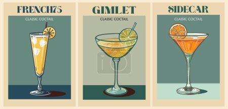Cocktails retro poster set. French75, Gimlet, Sidecar. Collection of popular alcohol drinks. Vintage flat vector illustrations for bar, pub, restaurant, kitchen wall art print.