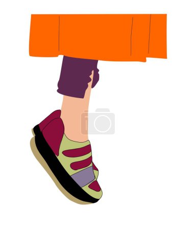 Female legs wearing fashionable sneakers. Cool bright sport footwear, stylish shoes, slippers. Hand drawn vector colored trendy illustration isolated on white background.