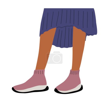 Female legs wearing fashionable sneakers and skirt. Cool bright sport footwear, stylish shoes, slippers. Hand drawn vector colored trendy illustration isolated on white background.