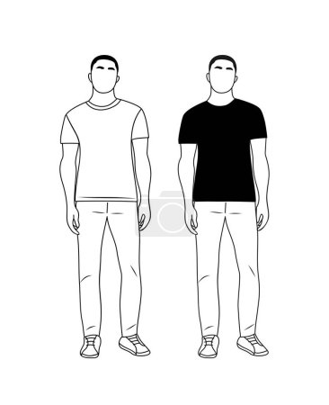 Lässiger Männercharakter von vorne gesehen. Junger Mann in weißem und schwarzem T-Shirt, Jeans, Turnschuhen. Männlicher Charakter Ganzkörperumriss schwarze Zeichnung für T-Shirt-Attrappe Vektor isoliert auf weißem Hintergrund.