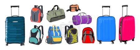 Set of different travel baggage objects. Airplane trip accessories. Passenger luggage, suitcases, carry-on bags, backpacks, sport bag, hand bag. Vector illustration isolated on white background.