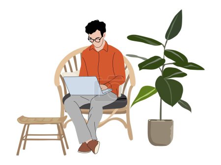 Geschäftsmann arbeitet am Laptop online im Internet, sitzt im Rattansessel im Patio, auf der Terrasse, in der Gartenlounge-Zone. Junger Mann, freier Mitarbeiter am Notebook. Remote-Arbeiter. Flache Vektorabbildung.