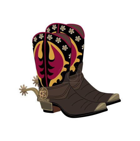 Illustration for Pair of Traditional western cowboy boots decorated with embroidered wild west ornament in red and brown colors and spurs. Realistic vector art illustration isolated on white background. - Royalty Free Image