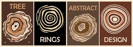 Set of modern abstract contemporary wall art, beige and black posters with tree rings drawings. Vector monochrome simple stylized illustrations for Scandinavian, Japandi style interior decoration.
