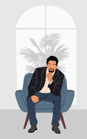 Businessman sitting on armchair in modern office, lounge zone with big window and house plants. Handsome bearded man in thoughtful pose. Flat vector illustration.