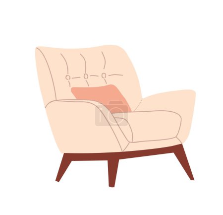 Vintage mid century modern armchair, soft furniture with beige upholstery, wooden base and peach cushion. Retro interior design element. Accent arm chair flat Vector illustration on white background.