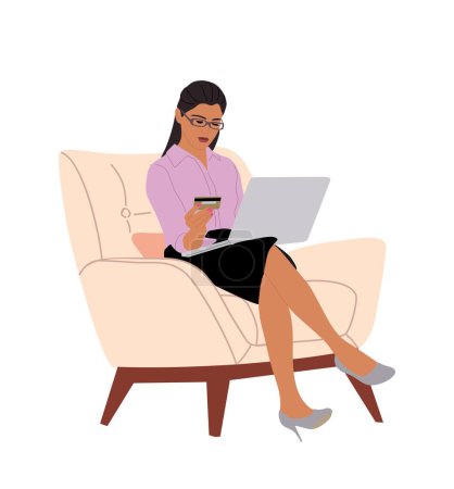 Young Business woman sitting on armchair with laptop and holding credit card. Pretty woman in office outfit shopping online, making payment. Flat vector illustration isolated on white background.