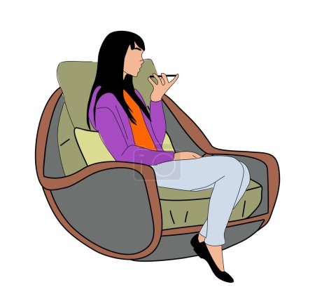 Young woman sitting in rocking armchair talking by mobile phone. Pretty woman in casual outfit resting at home in comfortable soft furniture. Flat vector illustration isolated on white background.