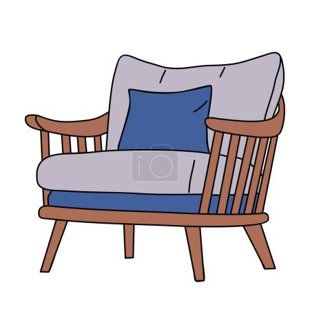 Vintage mid century modern armchair, soft furniture with dusty blue upholstery and wooden base. Retro 60s, 70s interior design element. Accent arm chair flat Vector illustration on white background.