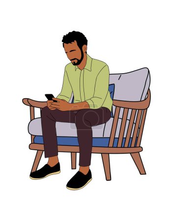 Business man sitting in armchair using mobile phone. Handsome bearded man in casual clothes resting at home in comfortable soft furniture. Flat vector illustration isolated on white background.
