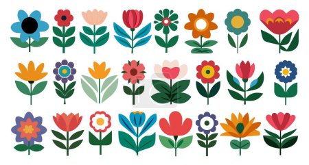 Set von handgezeichneten floralen Designelementen im skandinavischen Folklore-Stil. Zeitgenössische moderne Vektor botanische Kunst Illustrationen in trendigen hellen Farbpalette isoliert auf weißem Hintergrund.