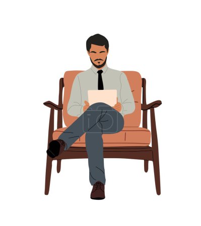 Business man sitting in armchair using digital tablet. Handsome bearded man in smart casual clothes working at home in comfortable soft furniture. Vector illustration isolated on white background.