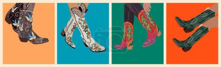 Ensemble de différentes jambes féminines portant des bottes de cow-girl à la mode. Bottes de cow-boy occidentales traditionnelles décorées avec ornement ouest sauvage brodé. Illustration vectorielle réaliste isolée.