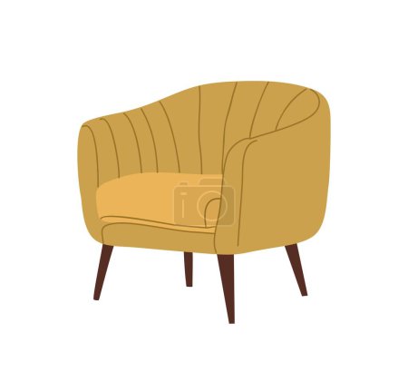 Vintage mid century modern armchair, soft furniture with yellow upholstery and wooden base. Retro 60s, 70s interior design element. Accent arm chair flat Vector illustration on white background.