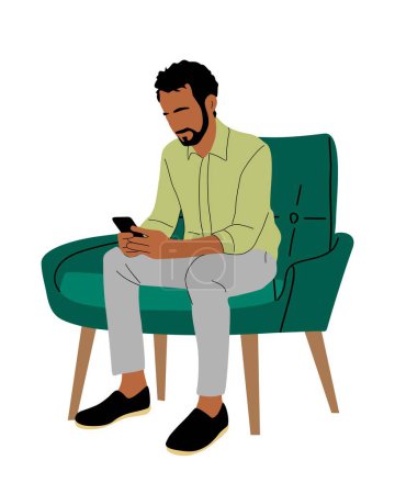 Businessman sitting in armchair using mobile phone. Bearded handsome man in smart casual clothes working at home, lounge zone in comfortable soft furniture. Vector illustration on white background.