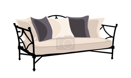 Outdoor sofa, couch, day bed with metal base and soft seat and cushions. Porch zone, garden, patio furniture. Interior, landscape design element. Vector flat illustration isolated on white background.