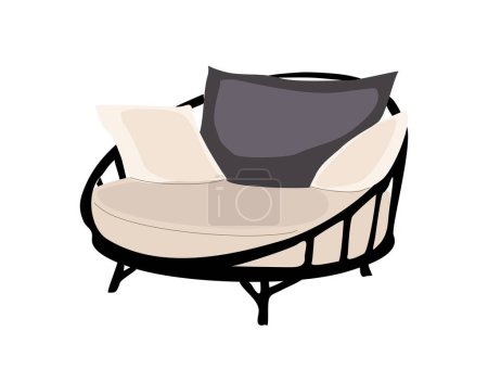 Illustration for Outdoor sofa, couch, day bed with metal base and soft seat and cushions. Porch zone, garden, patio furniture. Interior, landscape design element. Vector flat illustration isolated on white background. - Royalty Free Image