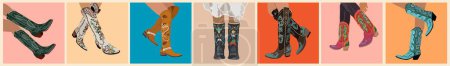 Ensemble de différentes jambes féminines portant des bottes de cow-girl à la mode. Bottes de cow-boy occidentales traditionnelles décorées avec ornement ouest sauvage brodé. Illustration vectorielle réaliste isolée.