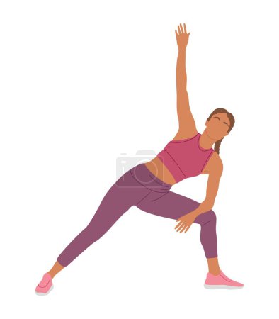 Illustration for Sportive young woman doing fitness exercises at gym. Healthy lifestyle. Female flat vector character in workout positions isolated on white background. - Royalty Free Image
