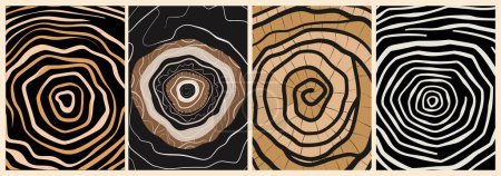 Set of modern abstract backgrounds, covers, beige black posters with tree rings drawings. Vector monochrome simple stylized illustrations for interior decoration, wallpaper, print, packaging design.