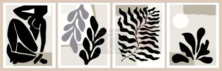 Set of abstract posters in modern beige and black colors. Trendy Matisse inspired contemporary wall art for scandinavian or japandi style interiors. Aesthetic minimalist design. Vector illustrations.