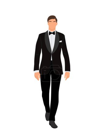 Elegant businessman wearing formal tuxedo and bow tie for evening celebration, event. Groom, wedding guest. Handsome male character vector realistic illustration isolated on white background.