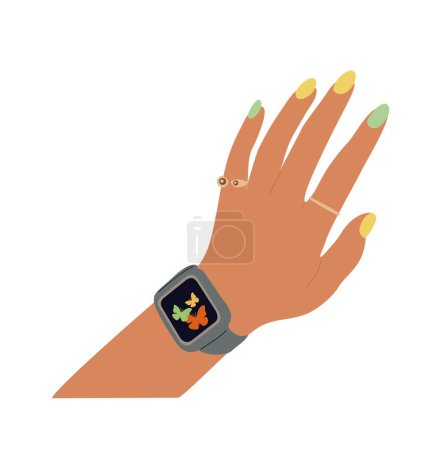 Female hand wearing smart watch on wrist with colorful manicure and golden rings. Modern technology concept. Vector colorful illustration isolated on white background. 