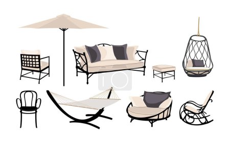 Conjunto de Exterior, zona de porche, jardín, ilustración de muebles de patio. Interior, elementos de diseño de paisaje, sofá, sillones, vector paraguas ilustraciones planas de colores aislados sobre fondo blanco.