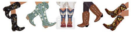 Set of different female legs wearing fashionable cowgirl boots. Traditional western cowboy boots decorated with embroidered wild west ornament. Vector illustrations isolated on white background.
