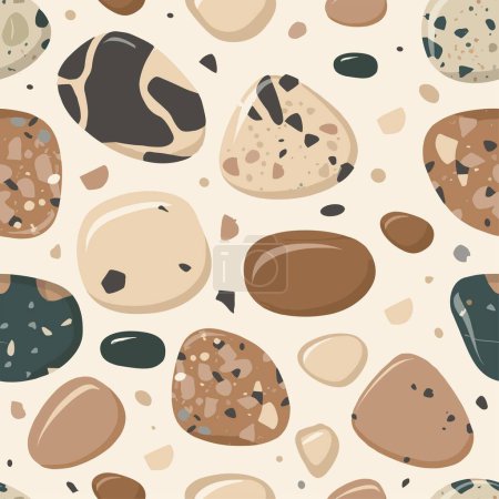 Terrazzo seamless pattern of rocks with a brown and black color scheme. The rocks are scattered in various sizes and shapes, creating a visually interesting dynamic design. Scene is earthy and natural