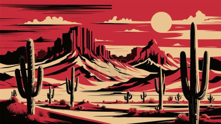 Téléchargez les illustrations : Desert paysage abstrait fond d'art. Texas montagnes occidentales et cactus. Illustration vectorielle stylisée du désert du Far West. Élément de conception pour bannière, flyer, carte, modèle de signe. - en licence libre de droit