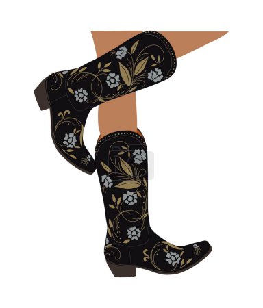 Female legs wearing fashionable cowgirl boots. Traditional western cowboy boots decorated with embroidered wild west ornament. Vector illustration isolated on white background.