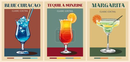 Cocktails Retro Poster Set vorhanden. Blue Curacao, Tequila Sunrise, Margarita. Sammlung beliebter alkoholischer Getränke. Flache Vektor-Illustrationen für Bar, Pub, Restaurant, Küchenwand.