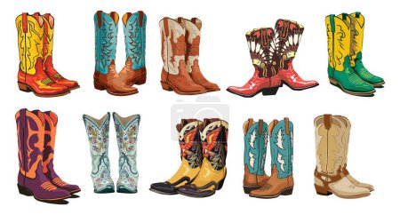 Collection of different cowgirl boots. Traditional western cowboy boots bundle decorated with embroidered wild west ornament. Realistic vector art illustrations on transparent background.