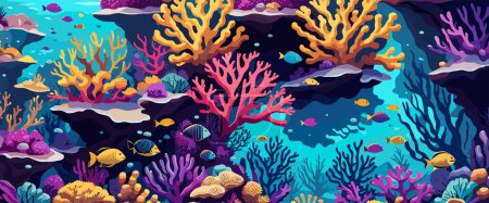 Underwater vector background, banner. Life at sea or ocean bottom. Exotic undersea world with coral reef, colorful fish, cute underwater creatures. Marine landscape, seascape.