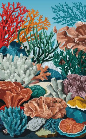 A colorful underwater scene with a variety of sea plants and coral. Concept of vibrancy and diversity in marine life. Vector illustration, banner, cover, poster template.