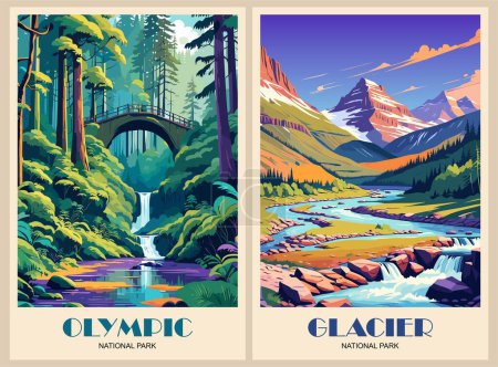 Série d'affiches sur les parcs nationaux rétro, illustrations de voyage Vintage USA. Art mural imprimable à la mode avec de beaux paysages américains. Illustrations vectorielles colorées.