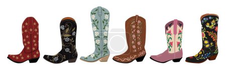 Illustration for Collection of different cowgirl boots. Traditional western cowboy boots bundle decorated with embroidered wild west ornament. Realistic vector art illustrations on white background. - Royalty Free Image